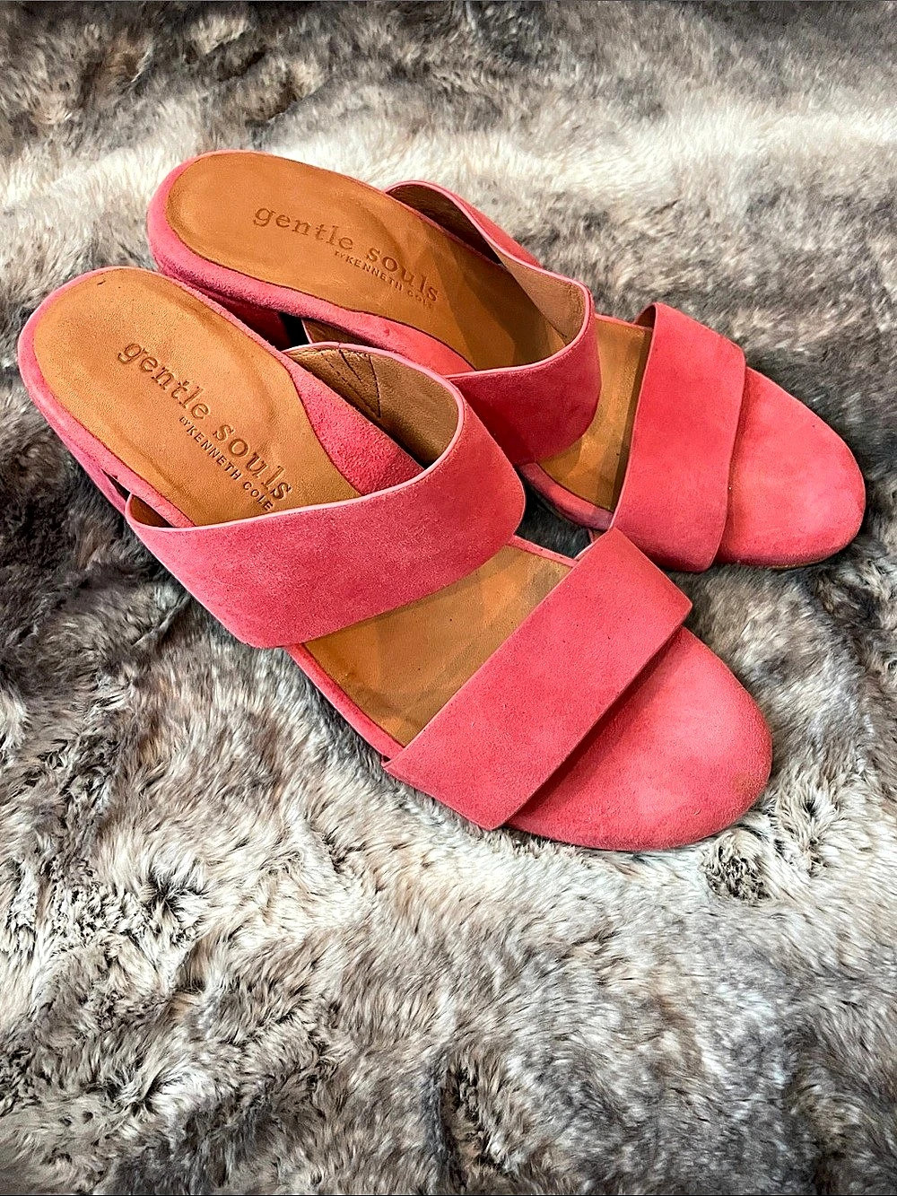 Kenneth Cole Gentle Souls Two-Band Block Heel Sandals in Pink Suede